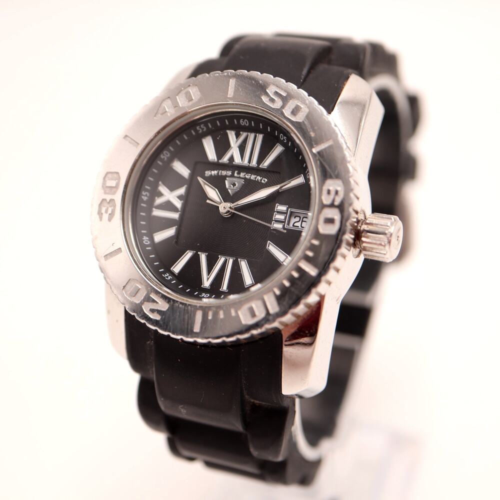 Swiss Legend Commander Black Silver Tone 37mm Dive Watch Silicone w New Battery